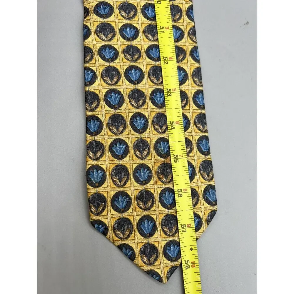 Ermenegildo Zegna Silk Tie Gold Blue Geometric‎ Floral Medallion Made in Italy